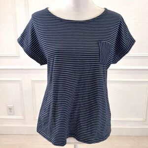 Talbots Petite Navy White Stripe Pocket Tee Shirt Top Womens L